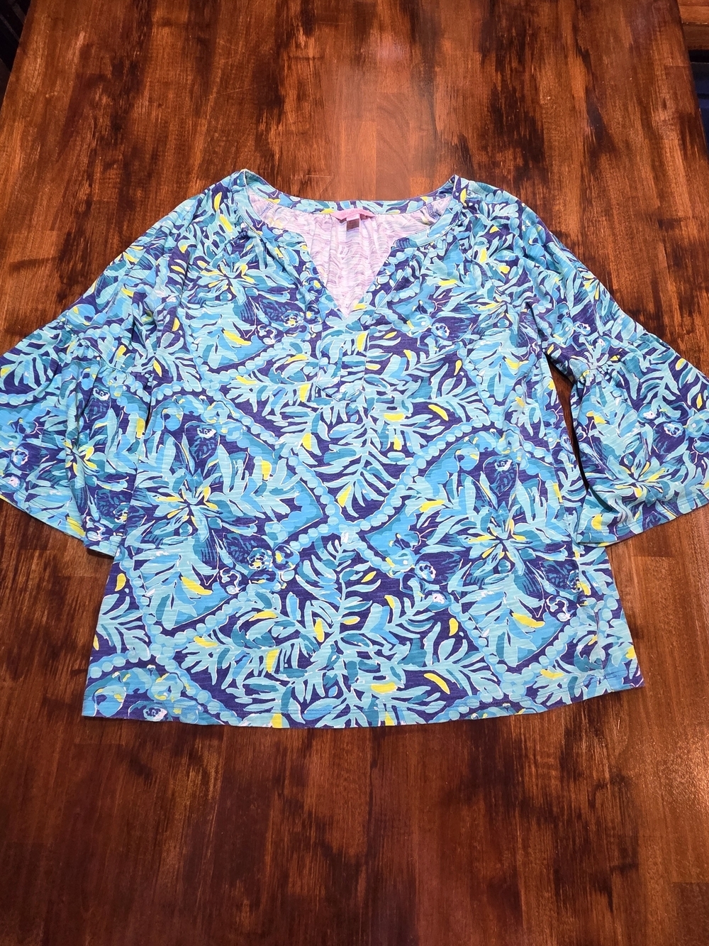 Lilly Pulitzer S Fluter 3/4 Sleeves Tropical Print Boho RN#88189 Preppy Designer